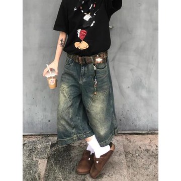 美式街頭復古水洗做舊牛仔短褲女夏季百搭寬松五分中褲闊腿七分褲