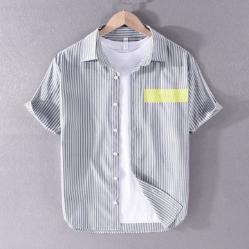 夏季男短袖條紋襯衫翻領半袖衫潮青年字母印花襯衣薄款外搭打底衫