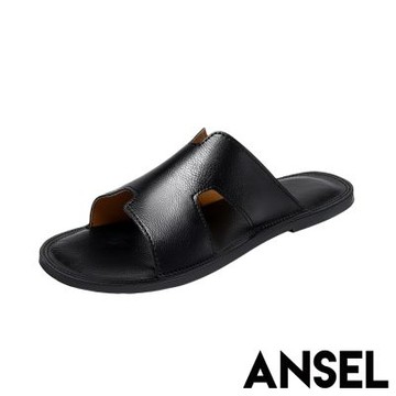 ANSEL 真皮拖鞋 平底拖鞋/真皮百搭車縫線個性平底拖鞋 黑