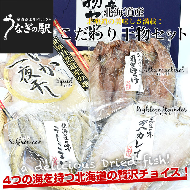 北海道産 こだわりの干物セット（4種：開き真ホッケ2枚、宗八カレイ2枚、干しコマイ8尾、開きイカ1枚）送料無料 ひものセット