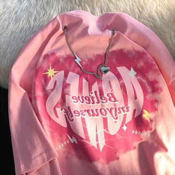 美式復古粉色短袖t恤女夏季2022新款oversize設計感小眾寬松上衣