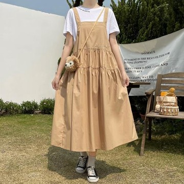 女大童連衣裙夏季初中生中長款寬松12-15歲女孩假兩件裙子拼接13