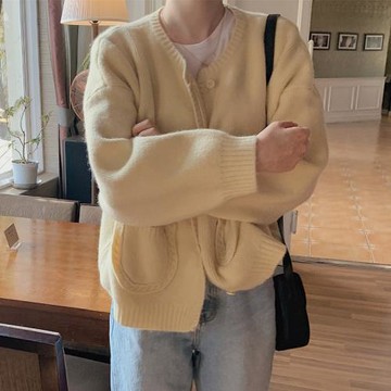 慵懶黃色日系學院風針織開衫毛衣