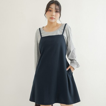 MISS.親膚彈性圓領假兩件綁帶吊帶長袖洋裝 中大尺碼洋裝