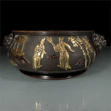 老件純銅紫銅浮雕鎏金竇朱家藏清玩兩個老翁圖獅耳香爐擺件