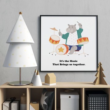 叢林樂團 • 河馬打爵士鼓 - 佈置/方形掛畫/音樂掛畫/河馬掛畫