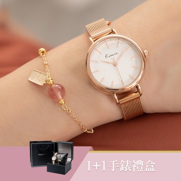 女人愛美愛自己夢繫童話1+1禮盒手錶水晶手鍊二件組【WKTL6399-KTL668】-白面玫金帶+草莓晶手鍊