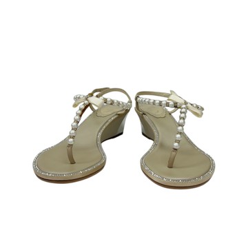 【二手名牌BRAND OFF】RENE CAOVILLA 芮妮喬薇拉 香檳金 緞面 水鑽 鉚釘 高跟鞋 #36