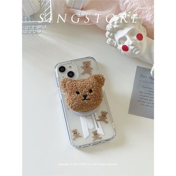 SINGSTORE韓國ins可愛毛絨小熊磁吸支架適用iphone16蘋果14手機殼15promax新款透明亞克力13防摔硅膠軟殼12女