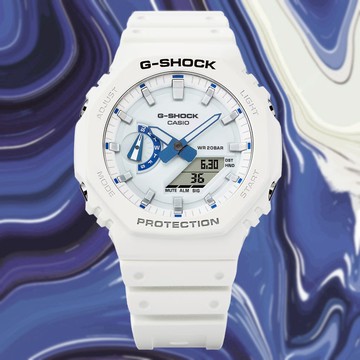 CASIO 卡西歐 G-SHOCK 藍白夏日海洋 磷光 八角形雙顯錶 GA-2100HDS-7A