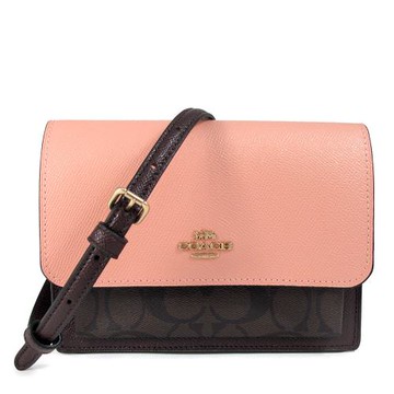 COACH 金馬車咖粉撞色拼接蛇紋胸腰斜三用包