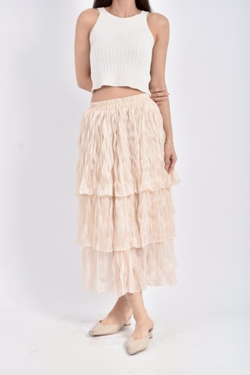 (S) tension質感蛋糕裙鬆緊腰淺橘粉色長裙