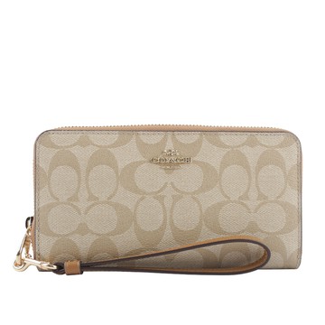 COACH 塗層帆布附可拆提把ㄇ形拉鍊長夾（淺卡其/焦糖色）_廠商直送