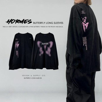 [HORMES](AR2347)韓國 蝴蝶 仿舊 印花 長袖 前後圖案 寬鬆版型 情侶 男女皆可 長踢