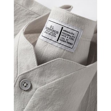 復古新中式！重磅V領棉麻短袖t恤男女夏季寬松百搭半袖純色上衣服