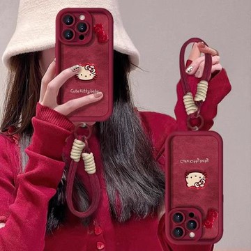 適用蘋果17promax手機殼酒紅色新款iphone16pro立體蝴蝶結15貓咪14p小羊皮全包13可愛卡通12帶掛繩11高級感