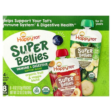 Happy Family Organics, Happy Tot®，Super Bellies™，適用於 2 歲以上，有機果蔬混合物，什錦口味，8 包，每包 4 盎司（113 克）