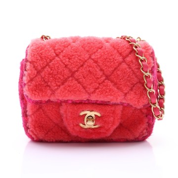 CHANEL 香奈兒 桃紅色 羊毛絨 Mini Square Flap 肩背包 (無卡) 金扣 【二手名牌BRAND OFF】