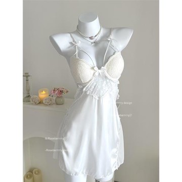 Roseberrrry純欲小白花 睡衣女性感高級冰絲蕾絲露背吊帶胸墊睡裙