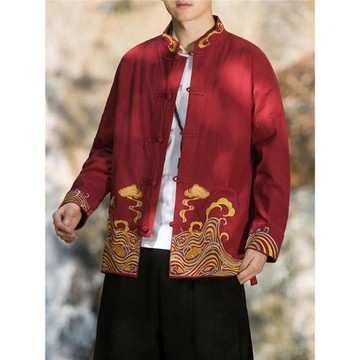 唐裝男款春秋季中國風伴郎服寬松漢服青年中山裝新中式男裝外套潮