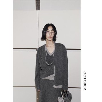OCTOBER 通勤風簡約撞色羊毛毛衣開衫女針織慵懶風百搭顯瘦外套