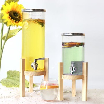 耐熱玻璃果汁罐木架子帶龍頭冷水壺5斤不銹鋼酒瓶酒店自助飲料桶