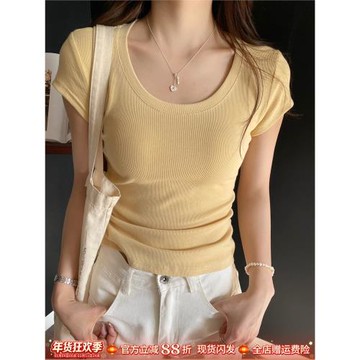 黃色圓領正肩T恤女2025新款修身顯瘦短袖上衣夏季螺紋棉半袖體恤