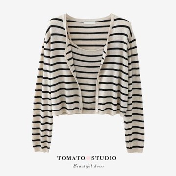 辣妹純欲風條紋針織開衫吊帶背心兩件套秋季新款百搭洋氣別致上衣