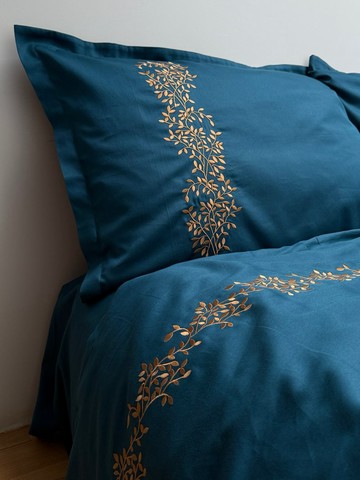 海洋色被套組：100% 棉緞寢具，刺繡樹枝圖案