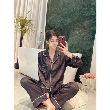 絲滑垂感高檔絲綢冰絲睡衣女春秋款長袖薄款夏款可外穿黑色家居服