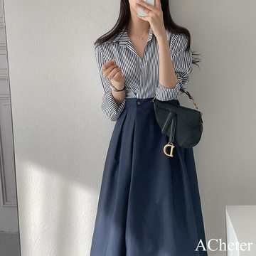 【ACheter】韓國 chic法式一粒扣收腰顯瘦長袖長款拼接條紋連身裙洋裝# 120731 (現貨+預購)
