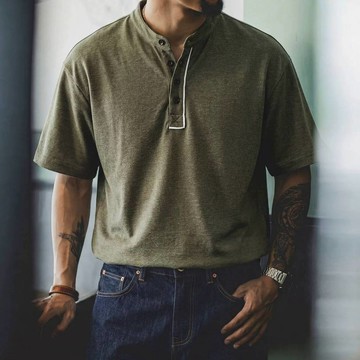 Wuluwear 190g棉麻混紡亨利領短袖T恤男夏季新款美式復古透氣涼感寬鬆體恤