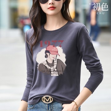 初色 韓系印花寬鬆顯瘦圓領長袖T恤上衣女上衣-共4色-38270(M-3XL可選)