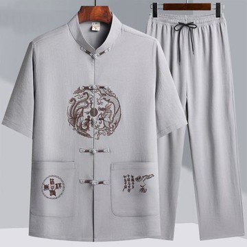 中老年唐裝男爸爸裝短袖套裝夏季薄款爺爺過壽婚禮老年人生日衣服