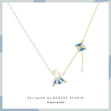 放風箏的小兔藍色項鏈原創插畫風個性少女感短鏈鎖骨鏈脖子飾品