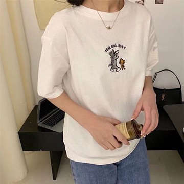 La Belleza韓版圓領貓咪卡通刺繡棉質T恤