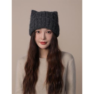 貓耳朵可愛毛線帽女秋冬季加厚包頭護耳帽大頭圍百搭毛絨針織帽子