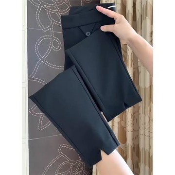 2025秋冬新款女裝歐貨顯瘦直筒厚絨九分煙管黑色西裝彈力休閑褲子