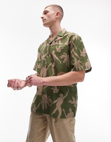 Topman short sleeve relaxed revere body printed shirt in green
