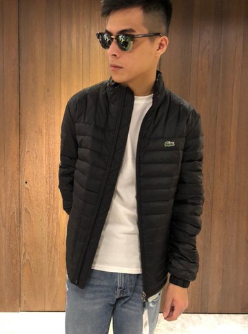 美國百分百【全新真品】法國 Lacoste 鱷魚 立領 夾克 羽絨 外套 男 黑色 M號 I897