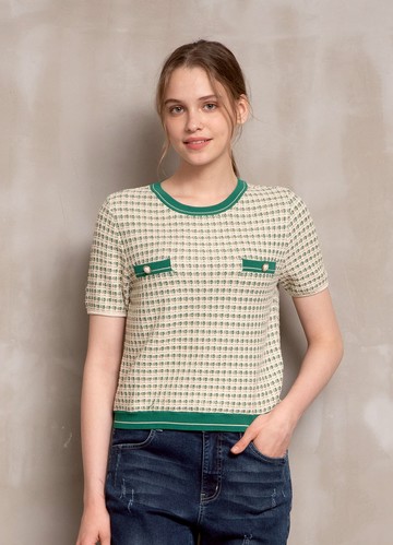 PY by perng yuh Exclusive-輕息光暈花紗織紋嵌蔥配色針織衫