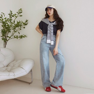 OB嚴選 個性噴漆刷破腰鬆緊直筒牛仔褲 《BA7720》大尺碼/女裝/現貨