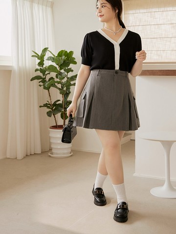 素色打褶工裝口袋短裙