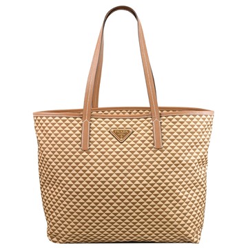 PRADA 1BG552 三角LOGO幾何印花尼龍肩背托特包.焦糖棕