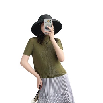 短袖T恤褶皺上衣-純色寬鬆百搭高彈力三宅風女裝4色73zs12【獨家進口】【米蘭精品】