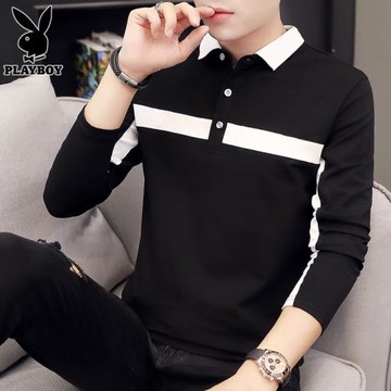 花花公子黑色長袖t恤男士polo衫2026年秋季新款休閑翻領打底衫男