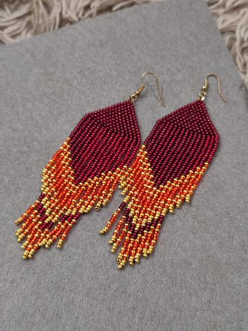 紅色酒紅色流蘇串珠耳環、女式紅色耳環、種子珠首飾、現代波西米