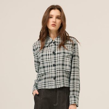 ILEY伊蕾 短版格紋縲縈泡泡襯衫外套(黑；M-XL)