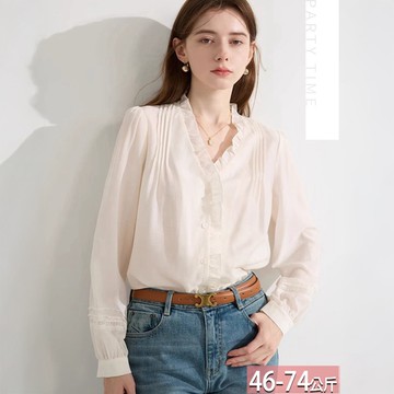 法式大V荷葉邊壓褶緹花燈籠袖襯衫 M-2XL【914890X】【現+預】☆流行前線☆