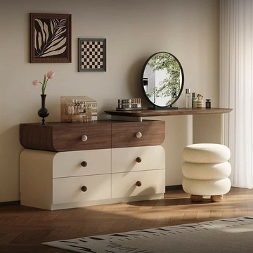 鏡台 化妝桌 免運 開立發票 化妝臺輕奢高級網紅實木梳妝臺現代伸縮新款中古風梳妝臺胡桃木色